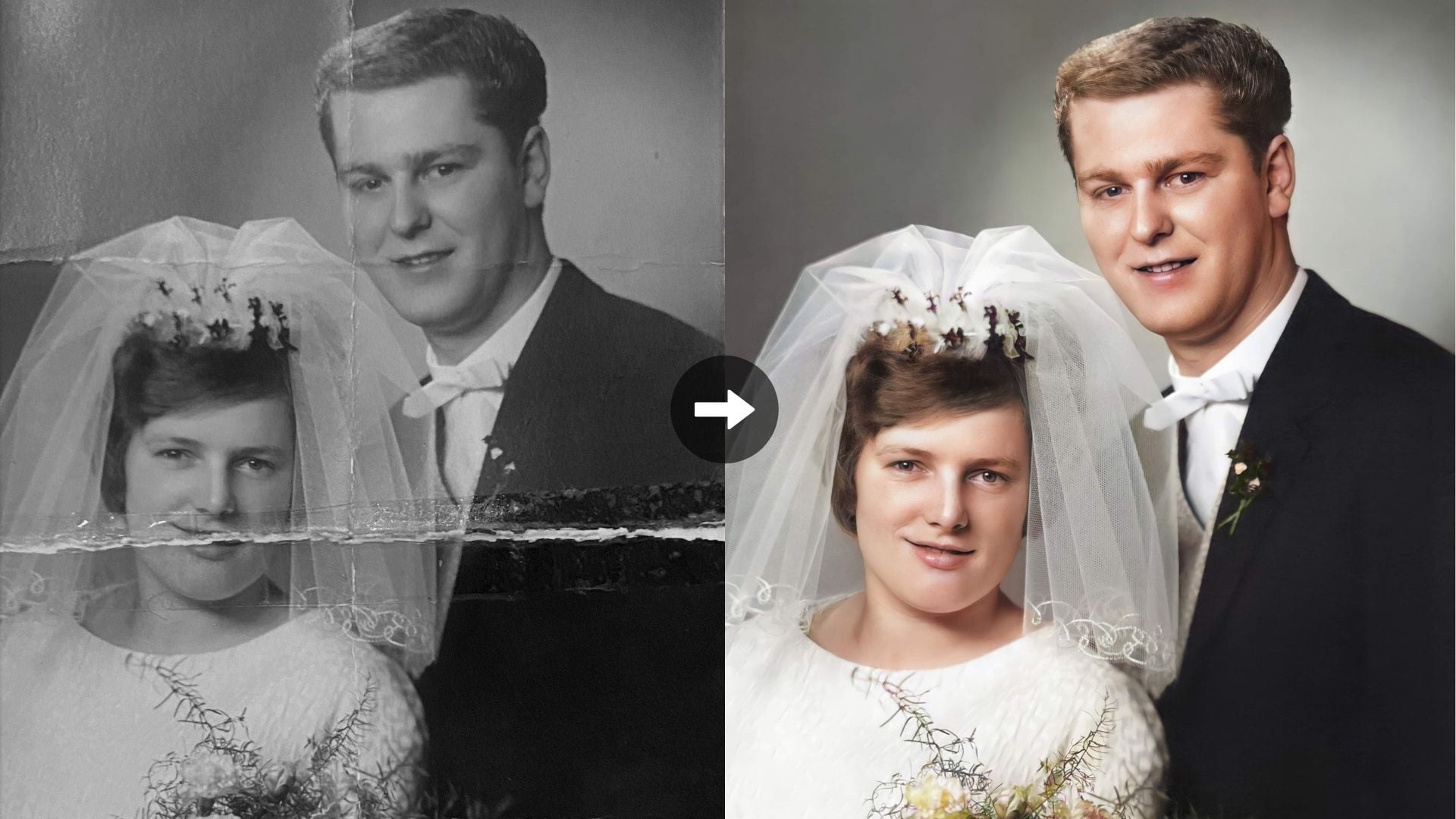 Antes Depois da restauração da foto de uma noiva e do noivo