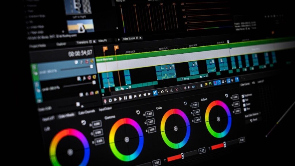 A monitor showing color grading software