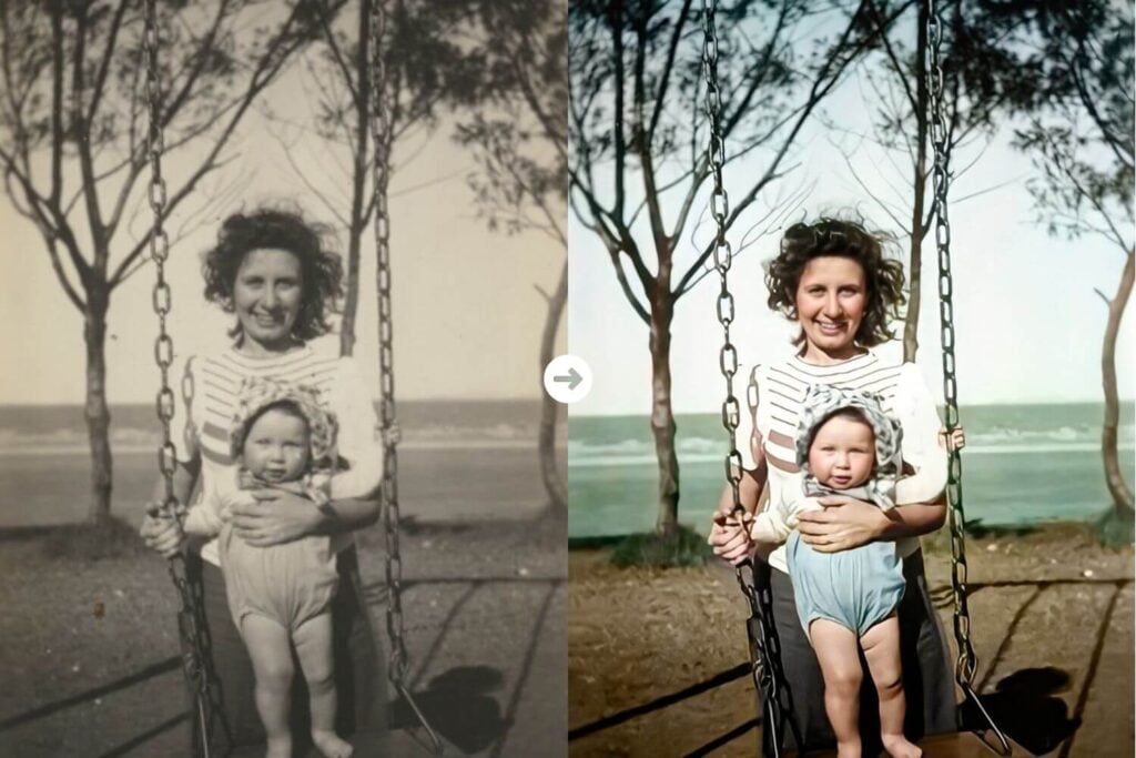 a before after of a colorized photo restoration