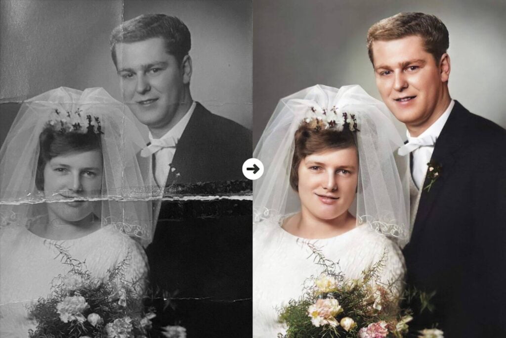 a before after of an old colorized photo restoration