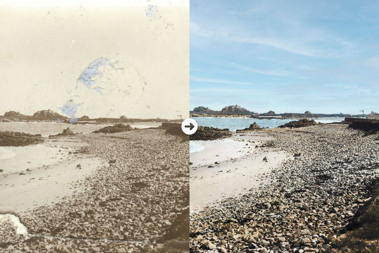 Uma restauração de fotos mostrando a remoção de arranhões de uma foto antiga