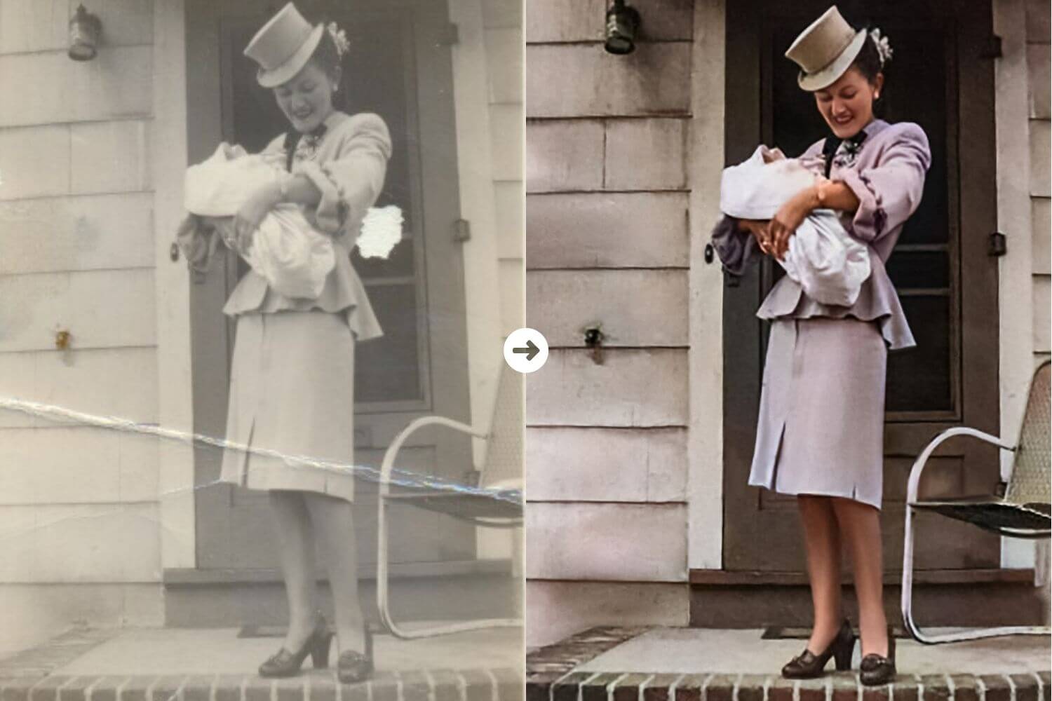 Before after of a b&w image restoration with colorization & crack removal