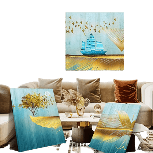 uma foto do produto retratando uma pintura de navio na parede de um lounge