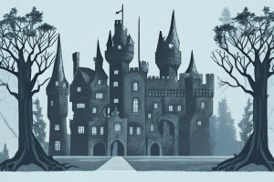 Ein gotisches Schloss, umgeben von Dunkelheit