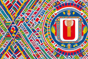 背景に伝統的なペルーのパターンを持つカラフルなペルーの旗